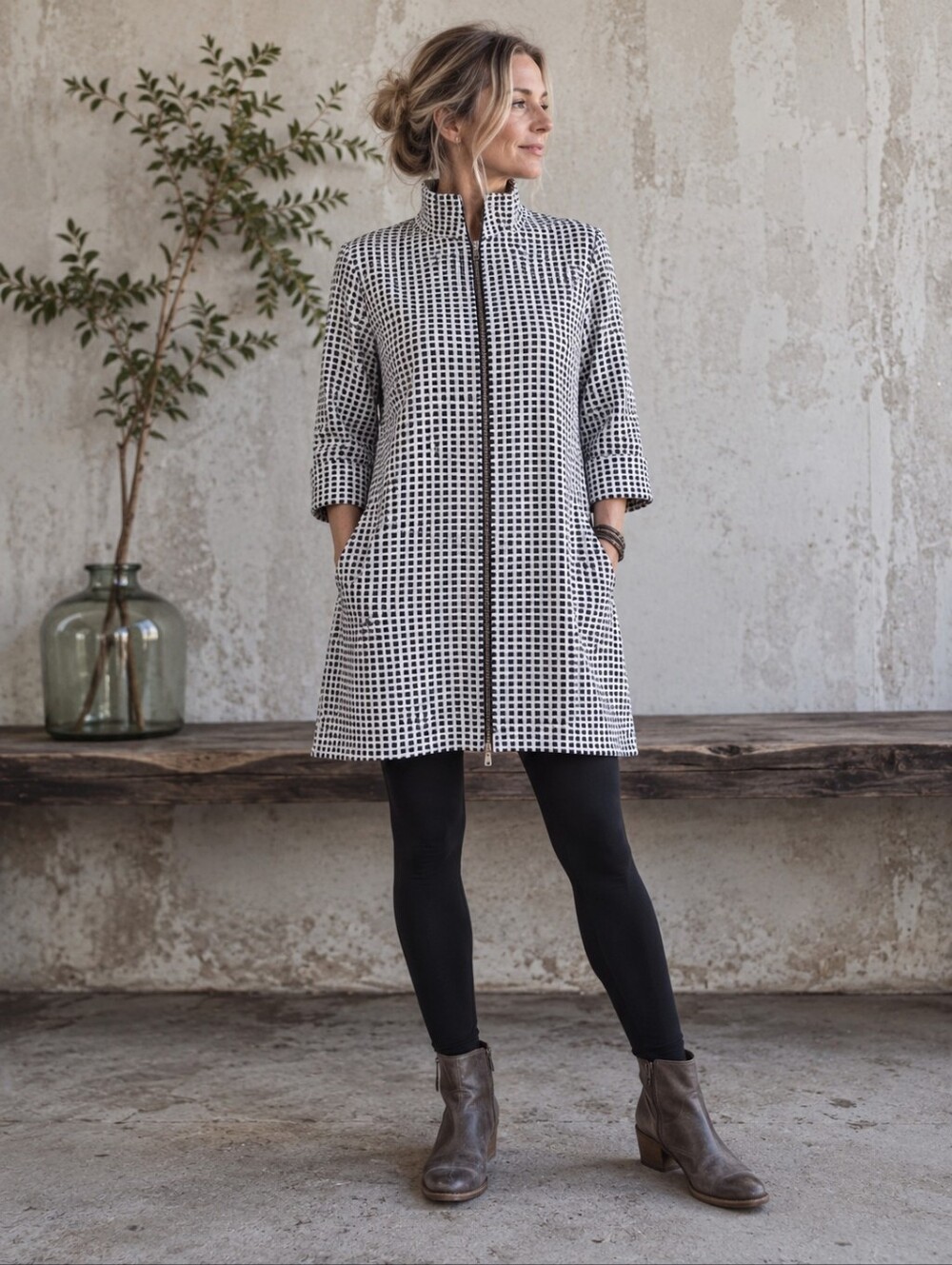 Shannon Passero Black White Check Zip Front Tunic Jacket Top Size XS